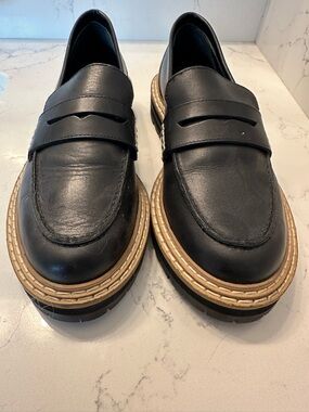 Boden Black Leather Penny Loafers with Tan Stitched Welt
